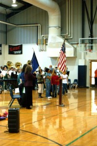 Photos By Tommy Stafford : ©2009 www.nelsoncountylife.com : Students present the flags in front of veterans gathered at the school Wednesday morning. Click any photo for larger view.