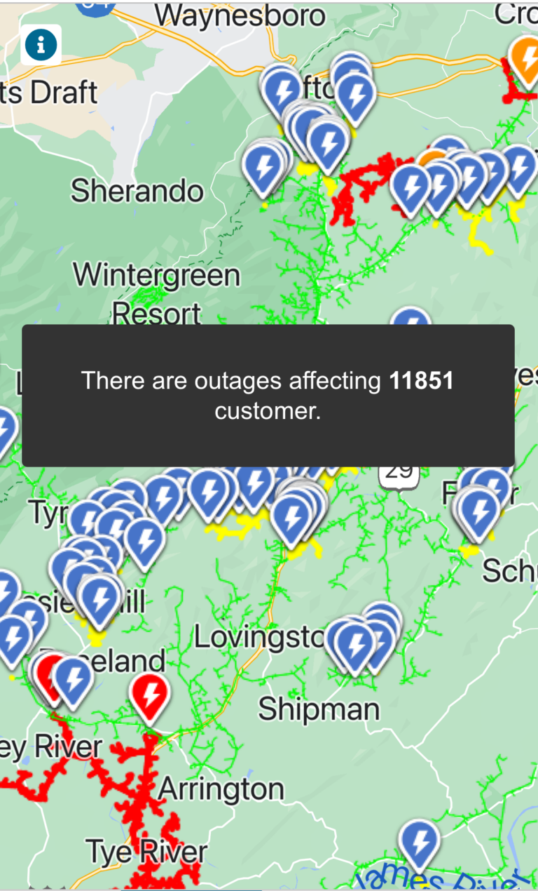 Large Power Outage Affecting Central Virginia As High Winds Move In (Update 7:30 AM – 2.18.25)