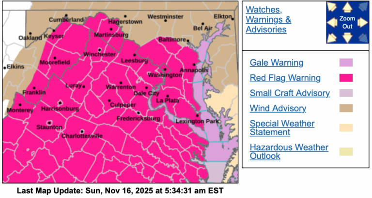 Red Flag Warning : Dangerous Fire Conditions Possible Today : 11.16.25 : Updated 10:30 AM